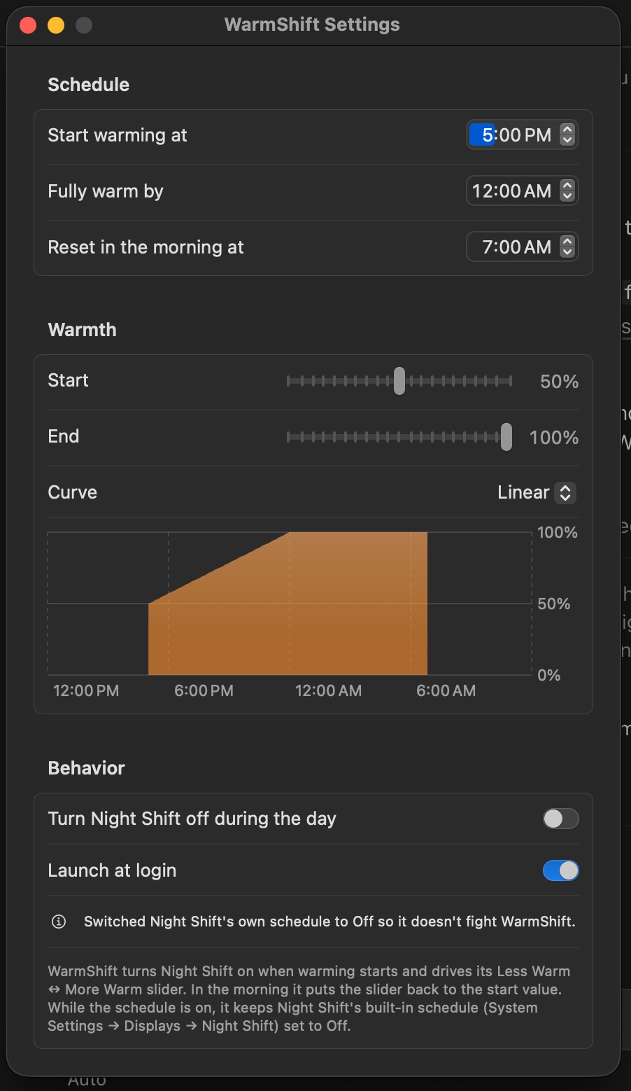 Screenshot of WarmShift